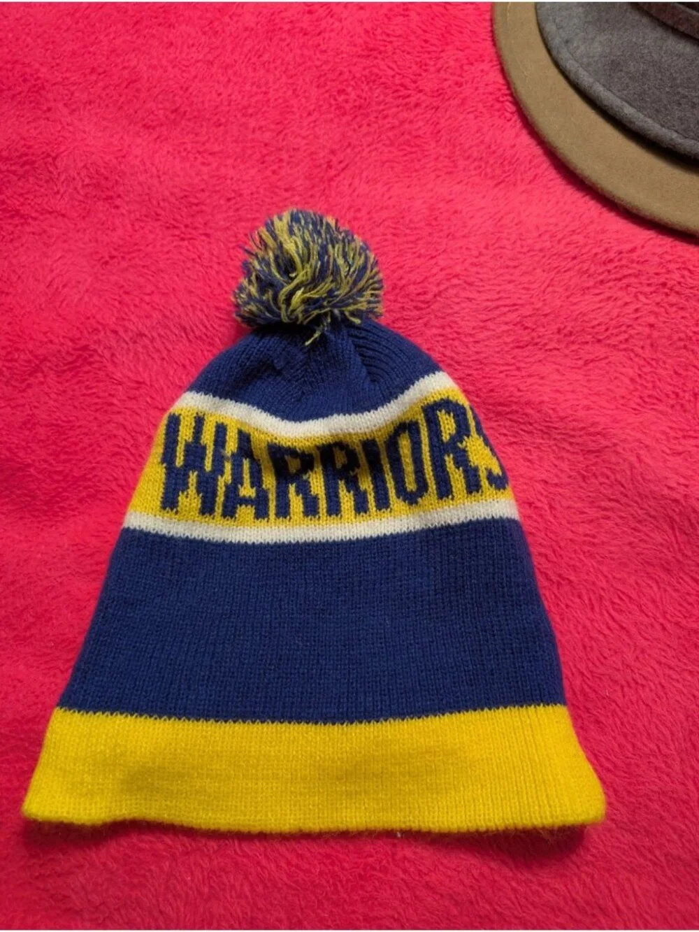 Golden State Warriors 47 Brand Beanie Hat Mens Womens Blue Yellow Pom Knit Cap